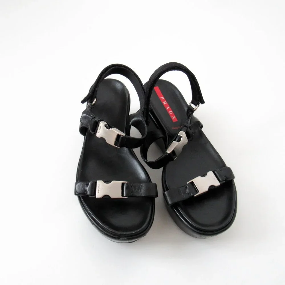 PRADA 90’s VINTAGE Black Sporty Open Toe Platform Sandals W/Metal Buckles Size-9